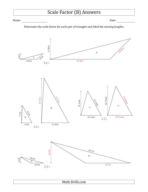 The Determine the Scale Factor Between Two Triangles and Determine the Missing Lengths (Scale Factors in Increments of 0.1) (B) Math Worksheet Page 2