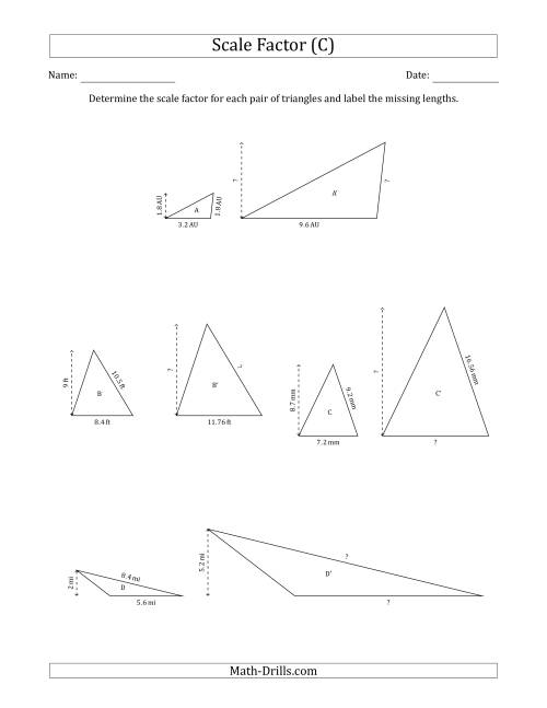 The Determine the Scale Factor Between Two Triangles and Determine the Missing Lengths (Scale Factors in Increments of 0.1) (C) Math Worksheet