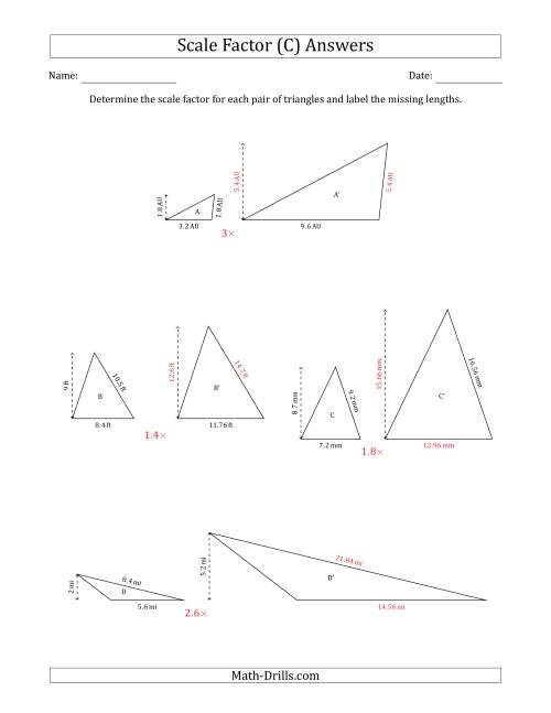 The Determine the Scale Factor Between Two Triangles and Determine the Missing Lengths (Scale Factors in Increments of 0.1) (C) Math Worksheet Page 2
