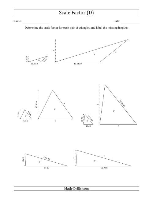 The Determine the Scale Factor Between Two Triangles and Determine the Missing Lengths (Scale Factors in Increments of 0.1) (D) Math Worksheet