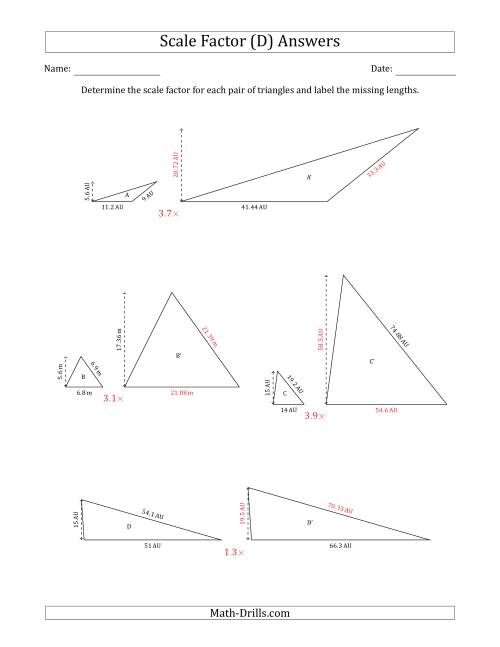 The Determine the Scale Factor Between Two Triangles and Determine the Missing Lengths (Scale Factors in Increments of 0.1) (D) Math Worksheet Page 2