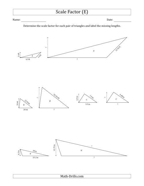 The Determine the Scale Factor Between Two Triangles and Determine the Missing Lengths (Scale Factors in Increments of 0.1) (E) Math Worksheet