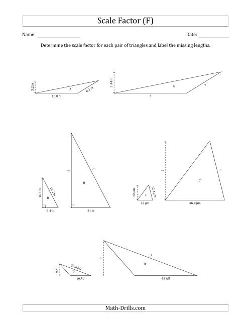 The Determine the Scale Factor Between Two Triangles and Determine the Missing Lengths (Scale Factors in Increments of 0.1) (F) Math Worksheet