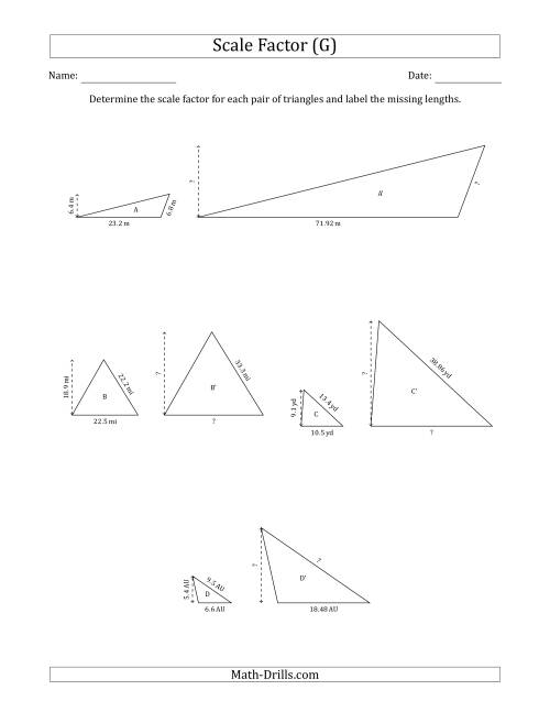 The Determine the Scale Factor Between Two Triangles and Determine the Missing Lengths (Scale Factors in Increments of 0.1) (G) Math Worksheet