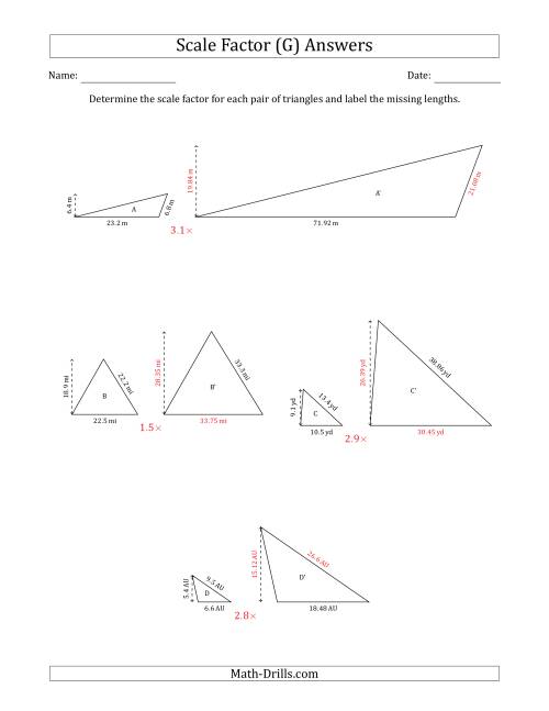 The Determine the Scale Factor Between Two Triangles and Determine the Missing Lengths (Scale Factors in Increments of 0.1) (G) Math Worksheet Page 2