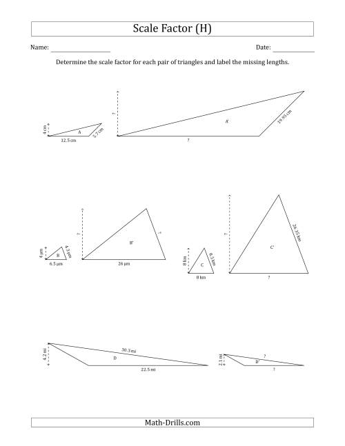 The Determine the Scale Factor Between Two Triangles and Determine the Missing Lengths (Scale Factors in Increments of 0.1) (H) Math Worksheet