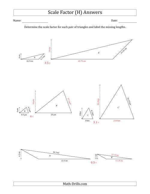 The Determine the Scale Factor Between Two Triangles and Determine the Missing Lengths (Scale Factors in Increments of 0.1) (H) Math Worksheet Page 2