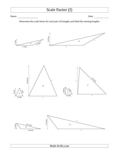 The Determine the Scale Factor Between Two Triangles and Determine the Missing Lengths (Scale Factors in Increments of 0.1) (I) Math Worksheet