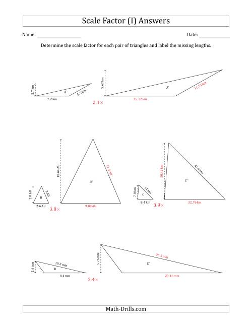The Determine the Scale Factor Between Two Triangles and Determine the Missing Lengths (Scale Factors in Increments of 0.1) (I) Math Worksheet Page 2