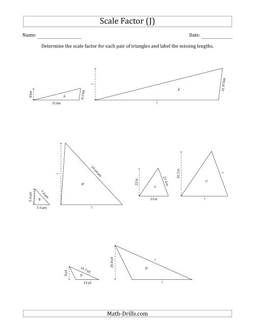 The Determine the Scale Factor Between Two Triangles and Determine the Missing Lengths (Scale Factors in Increments of 0.1) (J) Math Worksheet