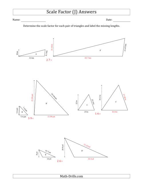 The Determine the Scale Factor Between Two Triangles and Determine the Missing Lengths (Scale Factors in Increments of 0.1) (J) Math Worksheet Page 2