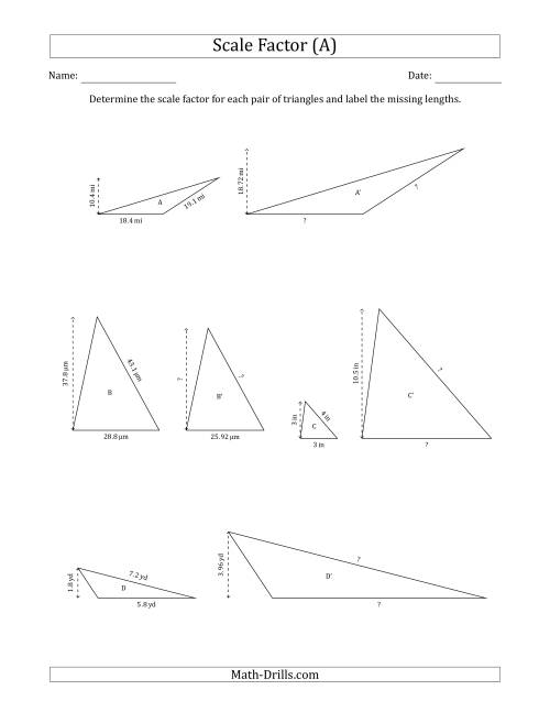 The Determine the Scale Factor Between Two Triangles and Determine the Missing Lengths (Scale Factors in Increments of 0.1) (All) Math Worksheet