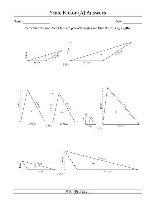 The Determine the Scale Factor Between Two Triangles and Determine the Missing Lengths (Scale Factors in Increments of 0.1) (All) Math Worksheet Page 2
