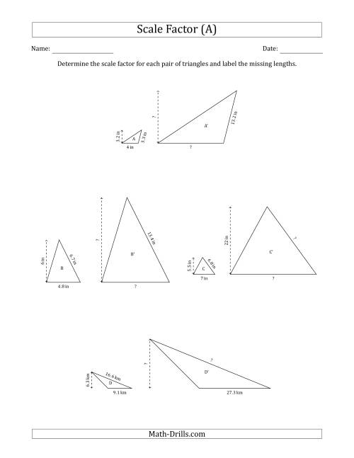 The Determine the Scale Factor Between Two Triangles and Determine the Missing Lengths (Whole Number Scale Factors) (A) Math Worksheet