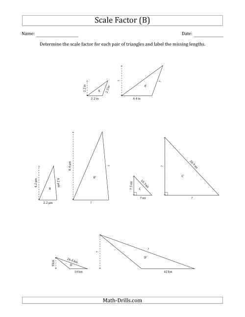 The Determine the Scale Factor Between Two Triangles and Determine the Missing Lengths (Whole Number Scale Factors) (B) Math Worksheet