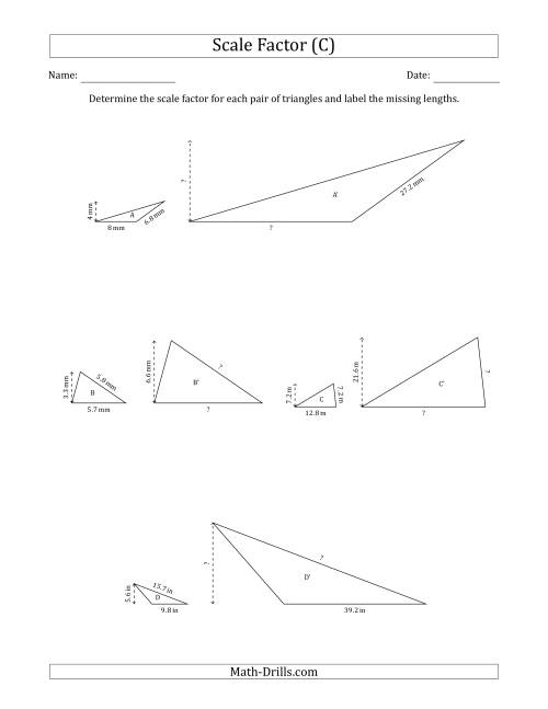 The Determine the Scale Factor Between Two Triangles and Determine the Missing Lengths (Whole Number Scale Factors) (C) Math Worksheet