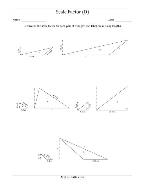 The Determine the Scale Factor Between Two Triangles and Determine the Missing Lengths (Whole Number Scale Factors) (D) Math Worksheet