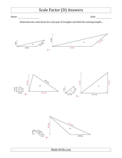 The Determine the Scale Factor Between Two Triangles and Determine the Missing Lengths (Whole Number Scale Factors) (D) Math Worksheet Page 2