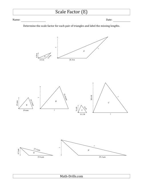 The Determine the Scale Factor Between Two Triangles and Determine the Missing Lengths (Whole Number Scale Factors) (E) Math Worksheet