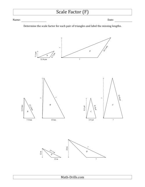 The Determine the Scale Factor Between Two Triangles and Determine the Missing Lengths (Whole Number Scale Factors) (F) Math Worksheet