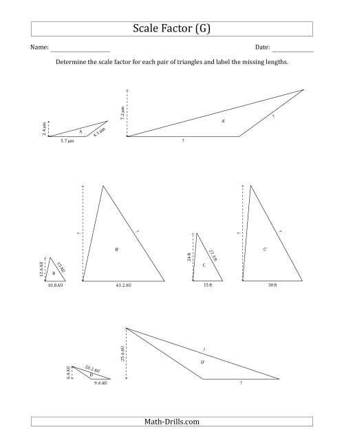 The Determine the Scale Factor Between Two Triangles and Determine the Missing Lengths (Whole Number Scale Factors) (G) Math Worksheet