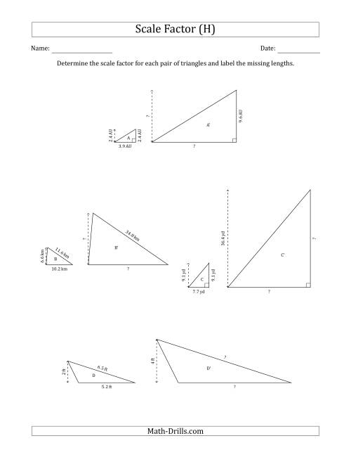 The Determine the Scale Factor Between Two Triangles and Determine the Missing Lengths (Whole Number Scale Factors) (H) Math Worksheet