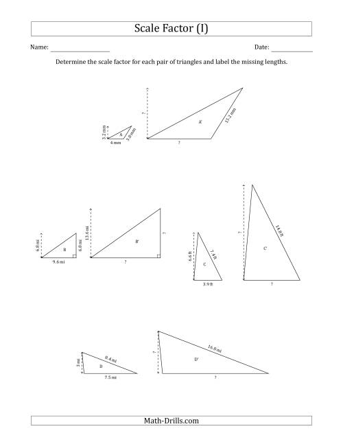 The Determine the Scale Factor Between Two Triangles and Determine the Missing Lengths (Whole Number Scale Factors) (I) Math Worksheet