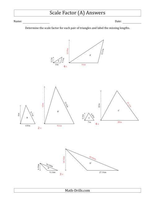 The Determine the Scale Factor Between Two Triangles and Determine the Missing Lengths (Whole Number Scale Factors) (All) Math Worksheet Page 2