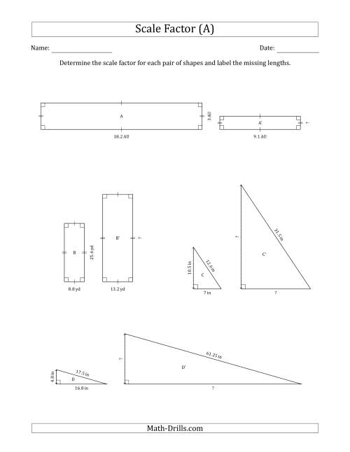 The Determine the Scale Factor Between Two Shapes and Determine the Missing Lengths (Scale Factors in Intervals of 0.5) (A) Math Worksheet