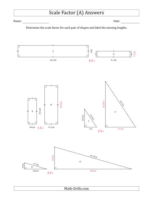 The Determine the Scale Factor Between Two Shapes and Determine the Missing Lengths (Scale Factors in Intervals of 0.5) (A) Math Worksheet Page 2