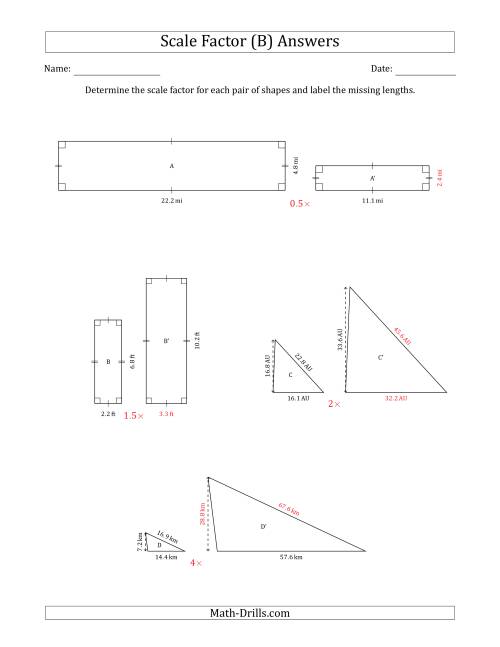 The Determine the Scale Factor Between Two Shapes and Determine the Missing Lengths (Scale Factors in Intervals of 0.5) (B) Math Worksheet Page 2