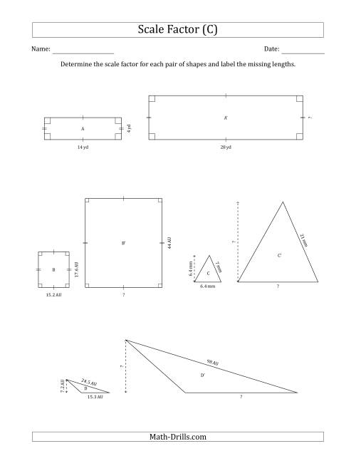 The Determine the Scale Factor Between Two Shapes and Determine the Missing Lengths (Scale Factors in Intervals of 0.5) (C) Math Worksheet