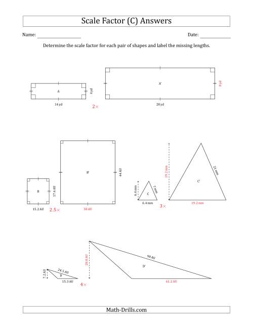 The Determine the Scale Factor Between Two Shapes and Determine the Missing Lengths (Scale Factors in Intervals of 0.5) (C) Math Worksheet Page 2