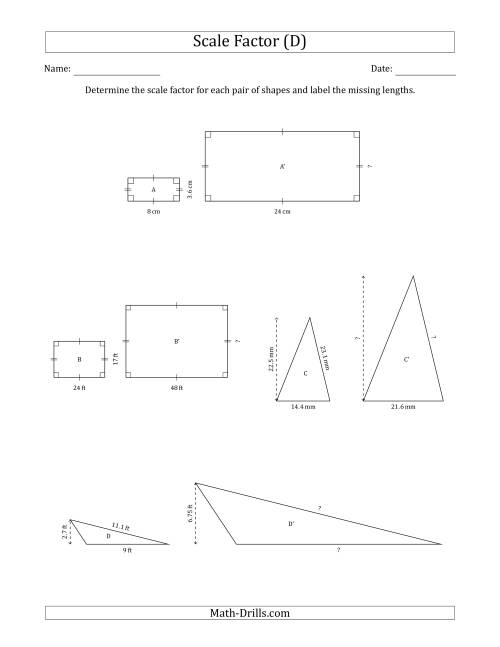 The Determine the Scale Factor Between Two Shapes and Determine the Missing Lengths (Scale Factors in Intervals of 0.5) (D) Math Worksheet