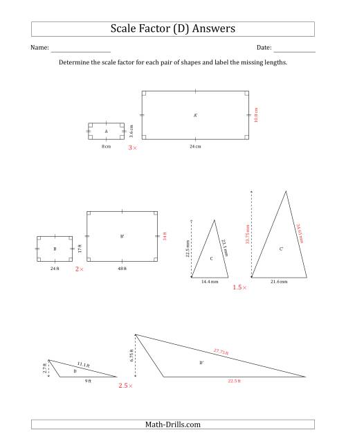 The Determine the Scale Factor Between Two Shapes and Determine the Missing Lengths (Scale Factors in Intervals of 0.5) (D) Math Worksheet Page 2