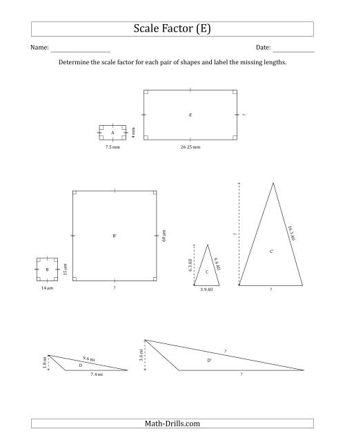 The Determine the Scale Factor Between Two Shapes and Determine the Missing Lengths (Scale Factors in Intervals of 0.5) (E) Math Worksheet