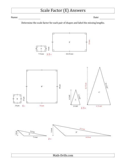 The Determine the Scale Factor Between Two Shapes and Determine the Missing Lengths (Scale Factors in Intervals of 0.5) (E) Math Worksheet Page 2