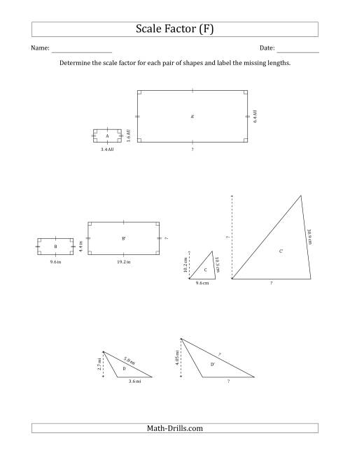 The Determine the Scale Factor Between Two Shapes and Determine the Missing Lengths (Scale Factors in Intervals of 0.5) (F) Math Worksheet