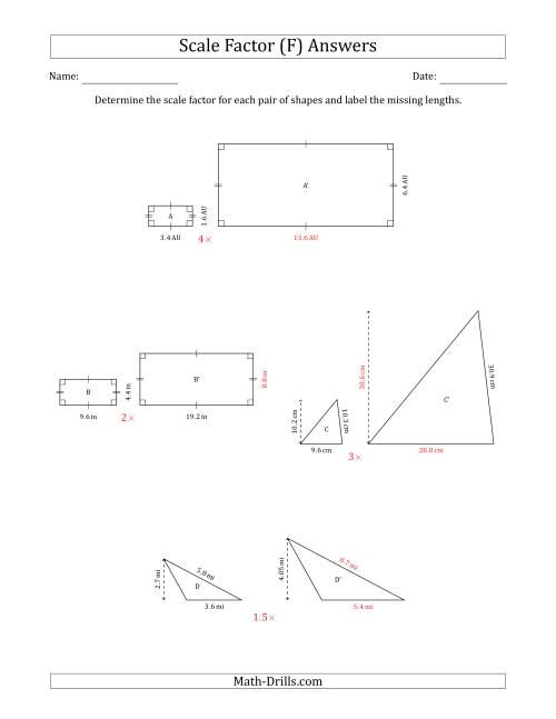 The Determine the Scale Factor Between Two Shapes and Determine the Missing Lengths (Scale Factors in Intervals of 0.5) (F) Math Worksheet Page 2