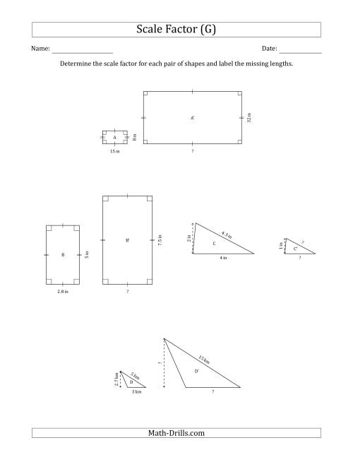 The Determine the Scale Factor Between Two Shapes and Determine the Missing Lengths (Scale Factors in Intervals of 0.5) (G) Math Worksheet