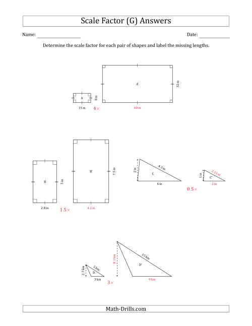 The Determine the Scale Factor Between Two Shapes and Determine the Missing Lengths (Scale Factors in Intervals of 0.5) (G) Math Worksheet Page 2