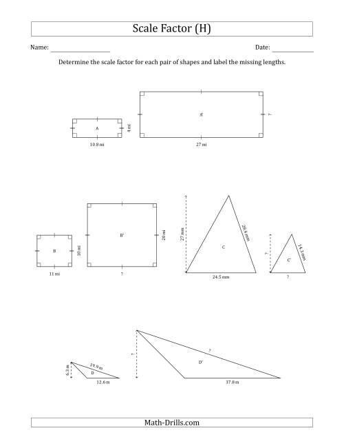 The Determine the Scale Factor Between Two Shapes and Determine the Missing Lengths (Scale Factors in Intervals of 0.5) (H) Math Worksheet