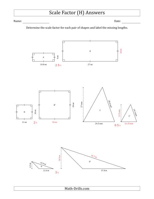 The Determine the Scale Factor Between Two Shapes and Determine the Missing Lengths (Scale Factors in Intervals of 0.5) (H) Math Worksheet Page 2