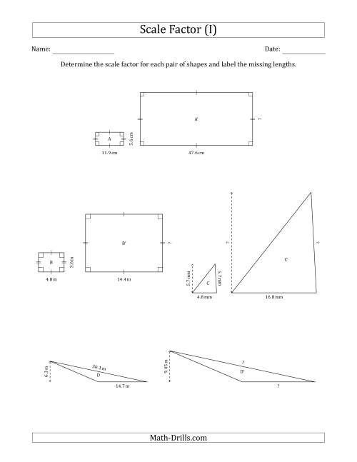 The Determine the Scale Factor Between Two Shapes and Determine the Missing Lengths (Scale Factors in Intervals of 0.5) (I) Math Worksheet