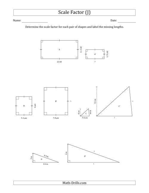 The Determine the Scale Factor Between Two Shapes and Determine the Missing Lengths (Scale Factors in Intervals of 0.5) (J) Math Worksheet