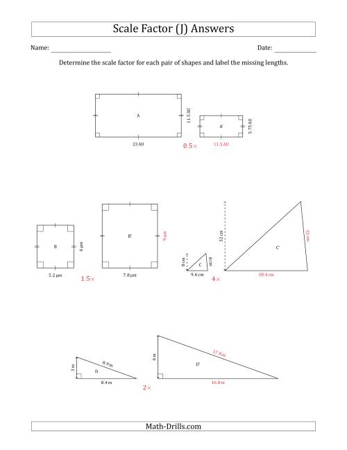 The Determine the Scale Factor Between Two Shapes and Determine the Missing Lengths (Scale Factors in Intervals of 0.5) (J) Math Worksheet Page 2