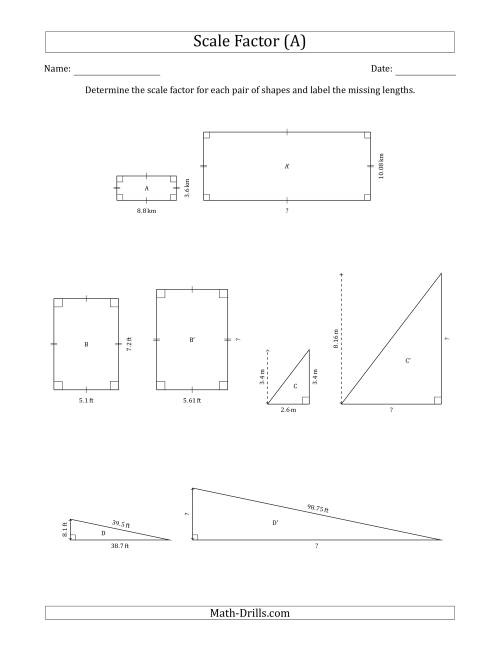 The Determine the Scale Factor Between Two Shapes and Determine the Missing Lengths (Scale Factors in Intervals of 0.1) (A) Math Worksheet