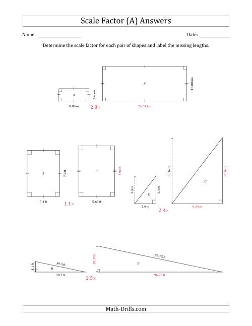 The Determine the Scale Factor Between Two Shapes and Determine the Missing Lengths (Scale Factors in Intervals of 0.1) (A) Math Worksheet Page 2
