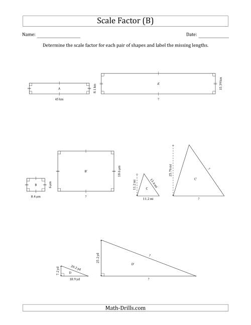 The Determine the Scale Factor Between Two Shapes and Determine the Missing Lengths (Scale Factors in Intervals of 0.1) (B) Math Worksheet