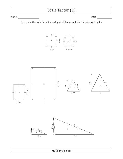 The Determine the Scale Factor Between Two Shapes and Determine the Missing Lengths (Scale Factors in Intervals of 0.1) (C) Math Worksheet